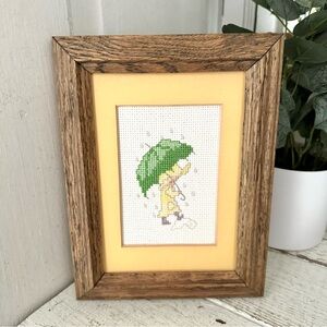 Vintage Making a Splash Cross Stitch Embroidery Child in the Rain Framed Art